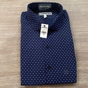 Mens’ EXPRESS Long Sleeve Navy w Polka Dots Dress Shirt - Sz L 16 - 16 1/2 (NWT)